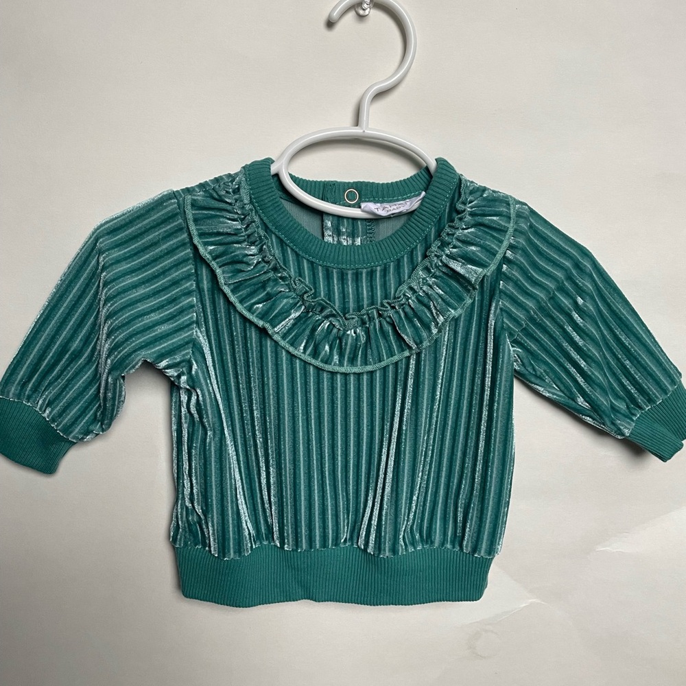 Tahari Green Sweater with Ruffle Neckline